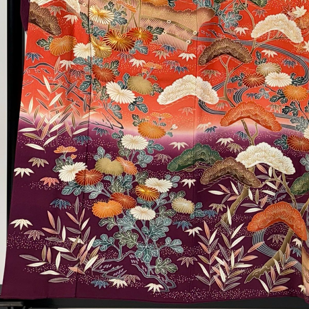 振袖禮服 身長158.5cm 袖長65.5cm M 雙層 松樹竹子梅花 菊花 金絲 金銀彩 紅 純蠶絲 秀品級