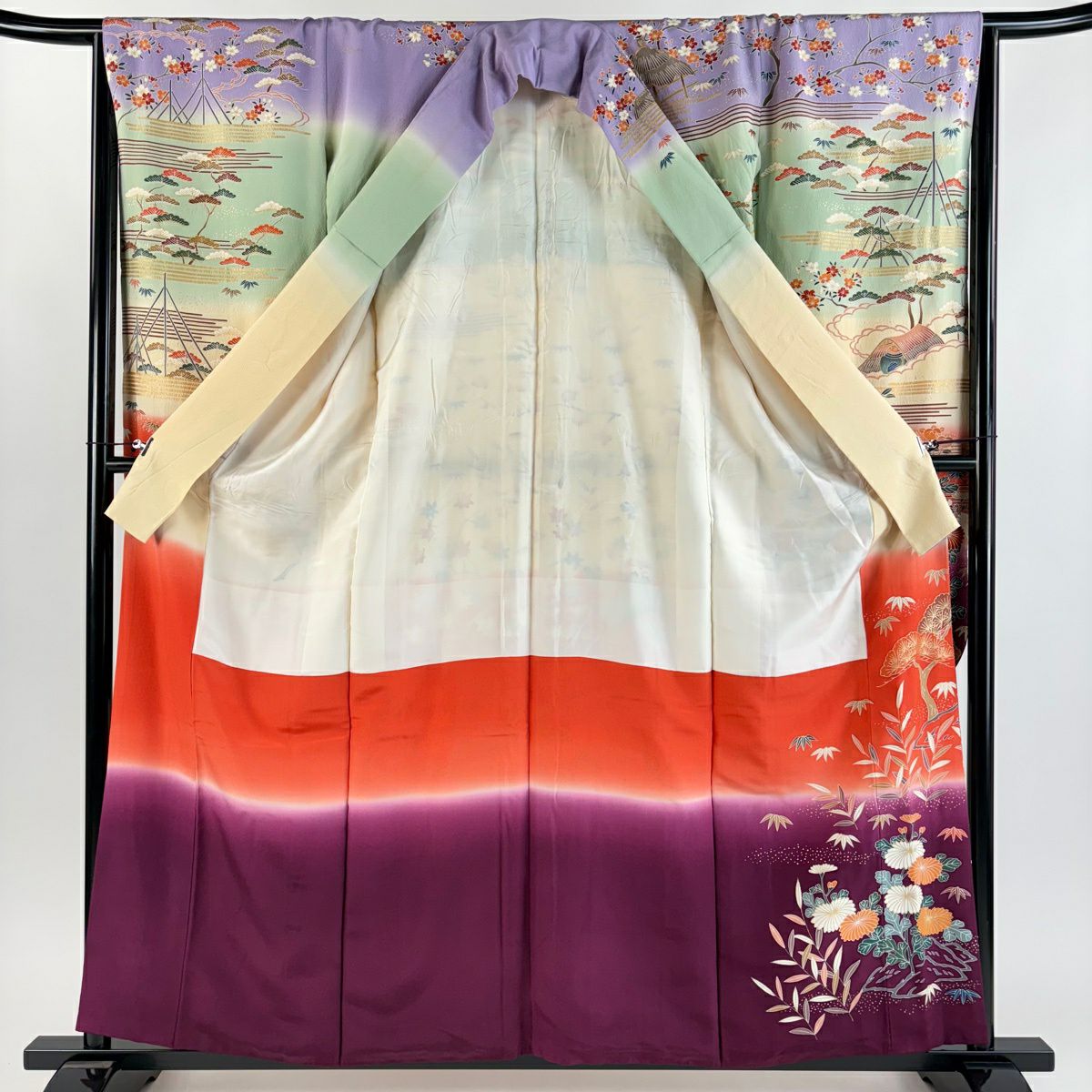 振袖禮服 身長158.5cm 袖長65.5cm M 雙層 松樹竹子梅花 菊花 金絲 金銀彩 紅 純蠶絲 秀品級