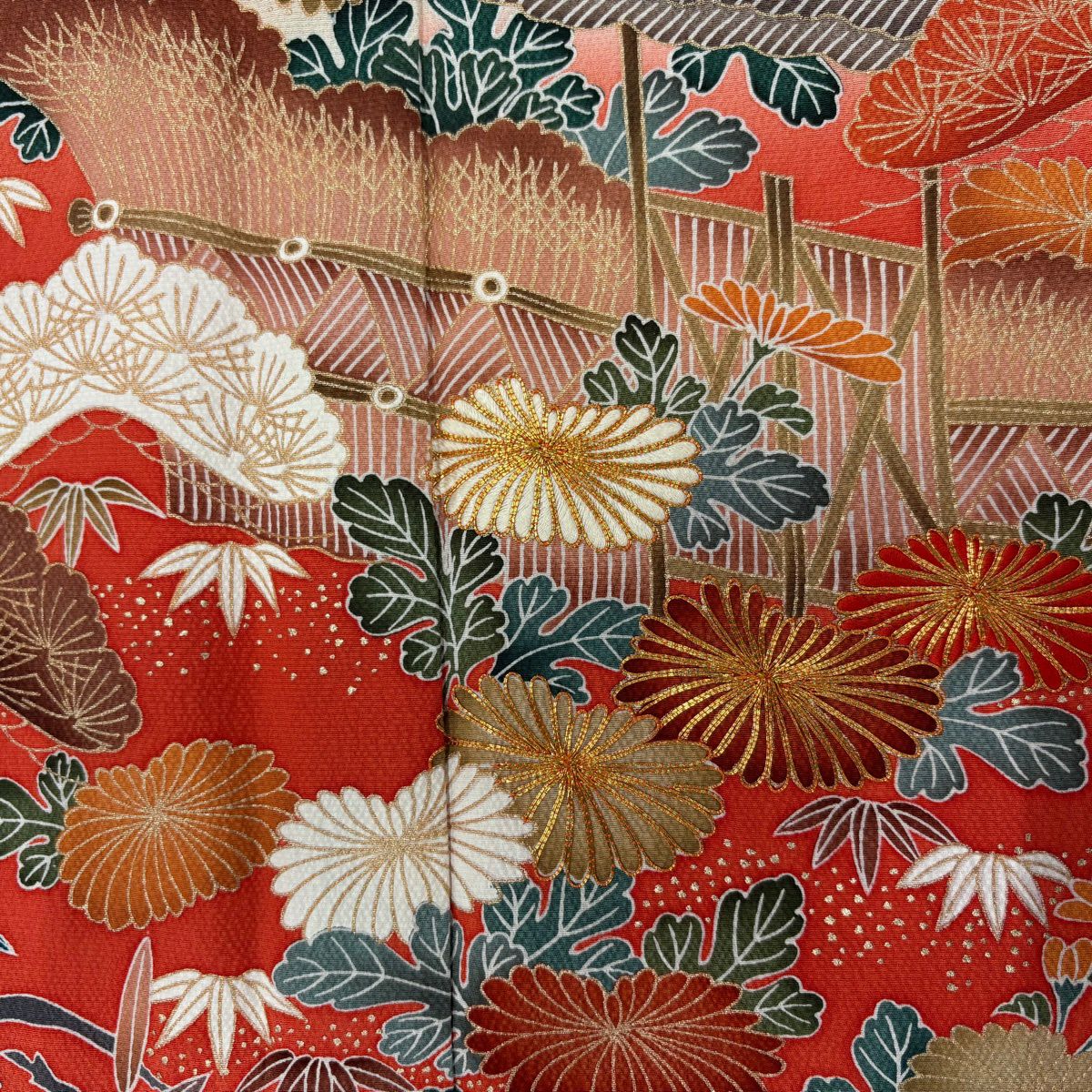 振袖禮服 身長158.5cm 袖長65.5cm M 雙層 松樹竹子梅花 菊花 金絲 金銀彩 紅 純蠶絲 秀品級