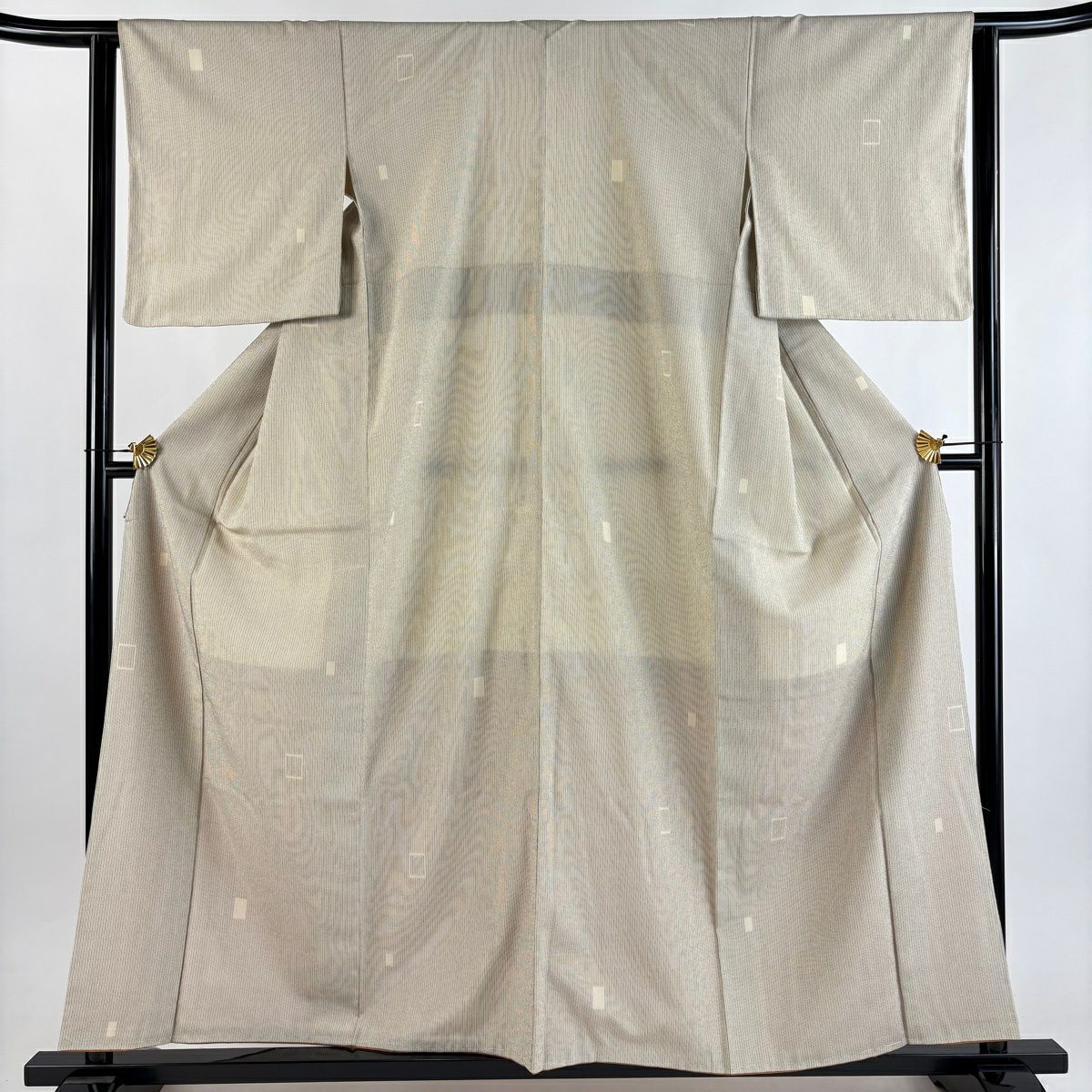 【美品】 紬織 身長158.5cm 袖長63.5cm S 雙層 垂直條紋圖案 幾何圖案 米色 純蠶絲 秀品級