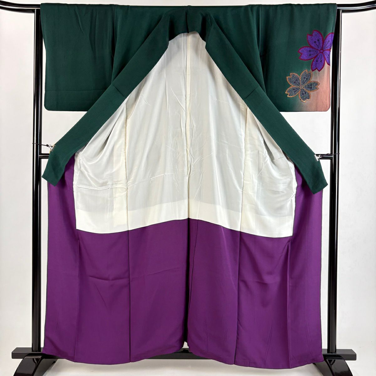 付下 身長159cm 袖長65.5cm M 雙層 櫻花 手毬 絞織 漸層 深綠 純蠶絲 優品級