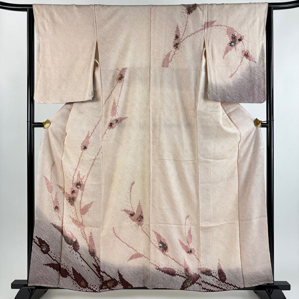 訪問服 身長160cm 袖長65cm M 雙層 草花紋紋 葉柄 刺繡 絞染 淺粉色 純蠶絲 優品級