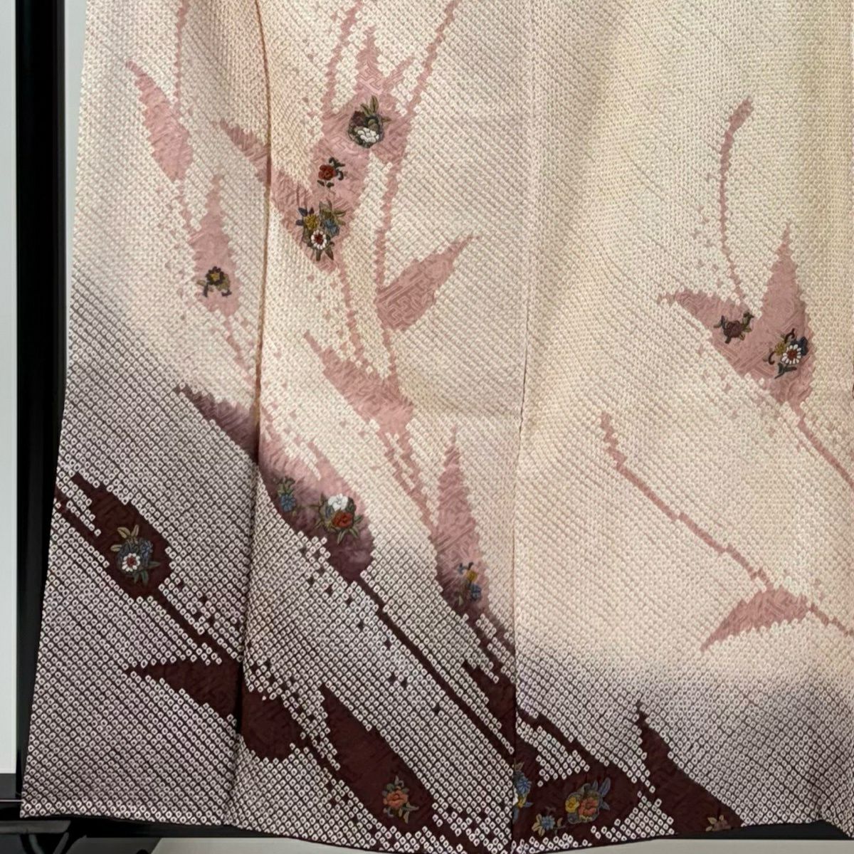 訪問服 身長160cm 袖長65cm M 雙層 草花紋紋 葉柄 刺繡 絞染 淺粉色 純蠶絲 優品級