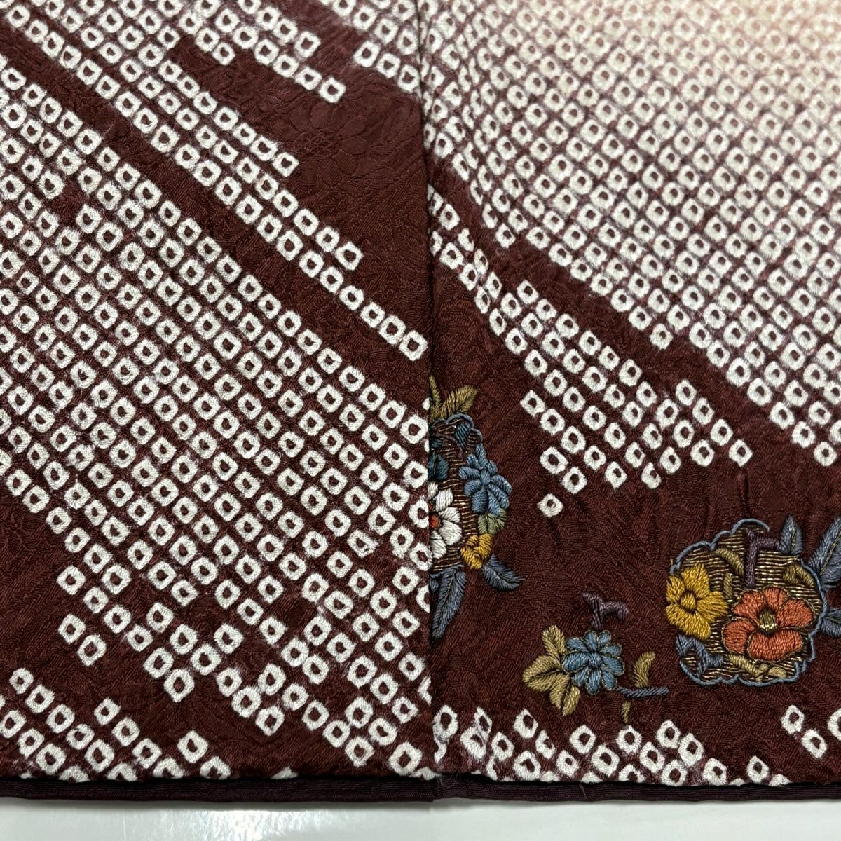訪問服 身長160cm 袖長65cm M 雙層 草花紋紋 葉柄 刺繡 絞染 淺粉色 純蠶絲 優品級