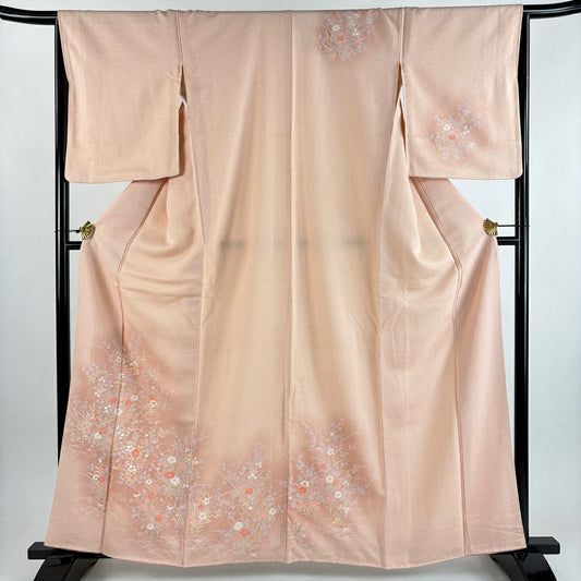 【美品】訪問服 身長162cm 袖長67cm M 雙層 草花紋紋 芝色 漸層 淺粉色 純蠶絲 優品級