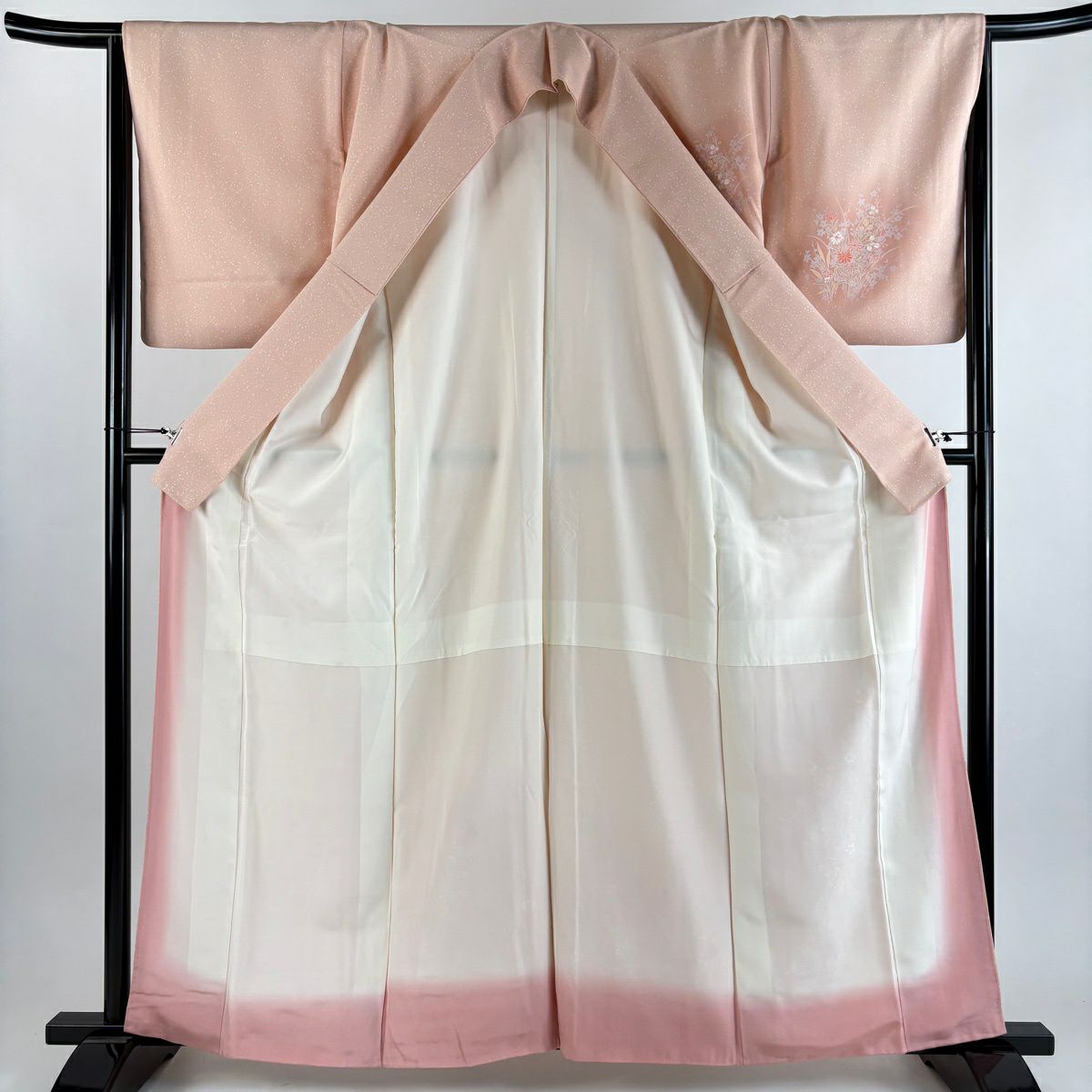 【美品】訪問服 身長162cm 袖長67cm M 雙層 草花紋紋 芝色 漸層 淺粉色 純蠶絲 優品級