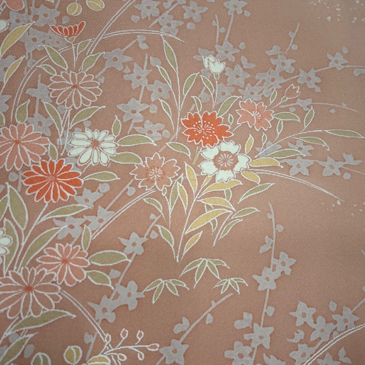 【美品】訪問服 身長162cm 袖長67cm M 雙層 草花紋紋 芝色 漸層 淺粉色 純蠶絲 優品級