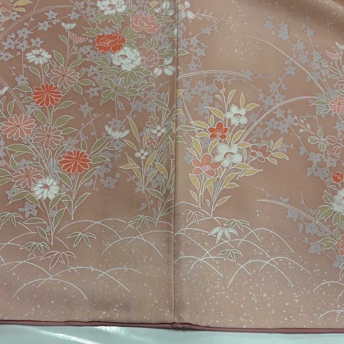 【美品】訪問服 身長162cm 袖長67cm M 雙層 草花紋紋 芝色 漸層 淺粉色 純蠶絲 優品級