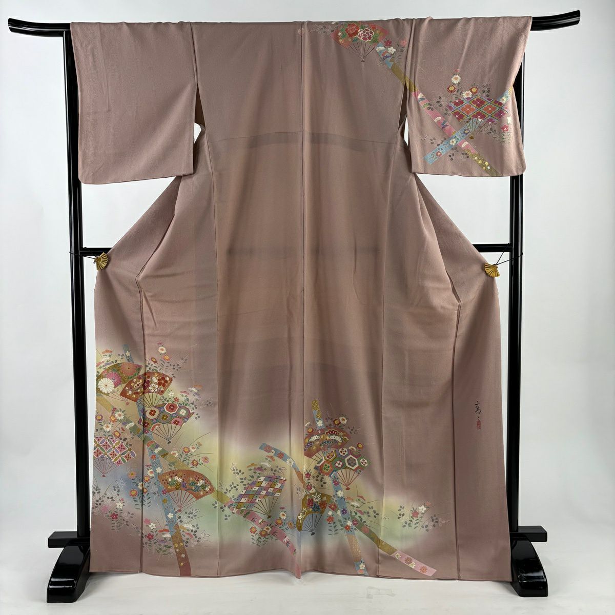 訪問服 身長169cm 袖長67cm M 雙層 松樹井青青 落款有 扇子 草花紋紋 金銀彩 漸層 粉米色 純蠶絲 逸品級 一つ紋