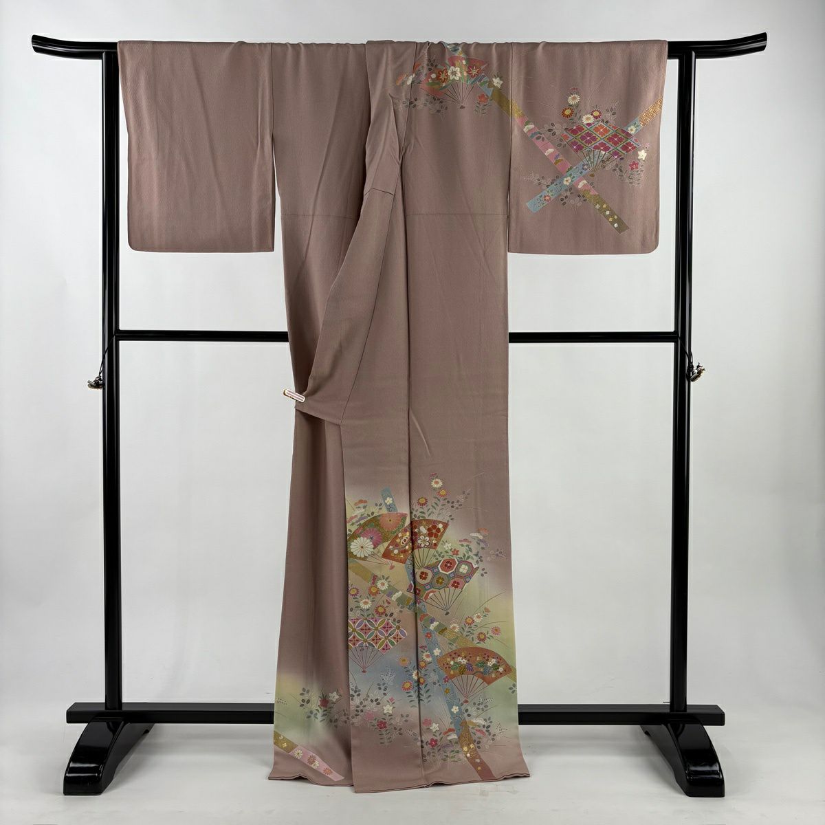 訪問服 身長169cm 袖長67cm M 雙層 松樹井青青 落款有 扇子 草花紋紋 金銀彩 漸層 粉米色 純蠶絲 逸品級 一つ紋
