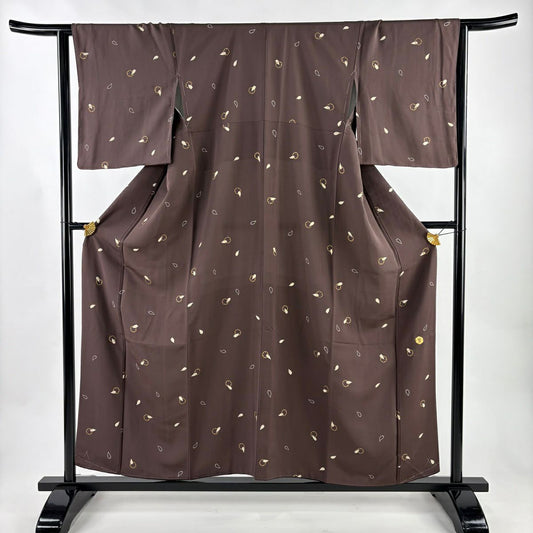 【美品】 小紋 身長156.5cm 袖長63.5cm S 雙層 渡邊雪三郎 落款あり 雪輪 花瓣 金彩裝飾 茶 純蠶絲 逸品級