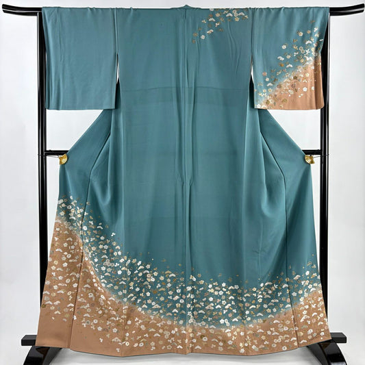 訪問服 身長162cm 袖長66.5cm M 雙層 松樹 梅花 刺繡 金線 青綠 純蠶絲 逸品級