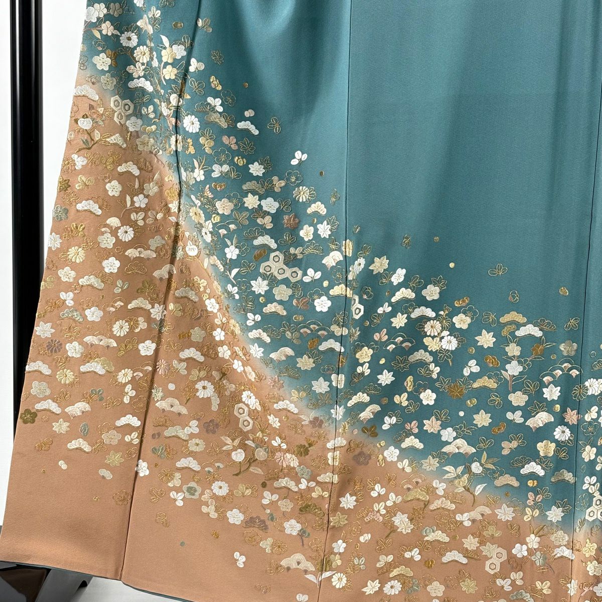 訪問服 身長162cm 袖長66.5cm M 雙層 松樹 梅花 刺繡 金線 青綠 純蠶絲 逸品級
