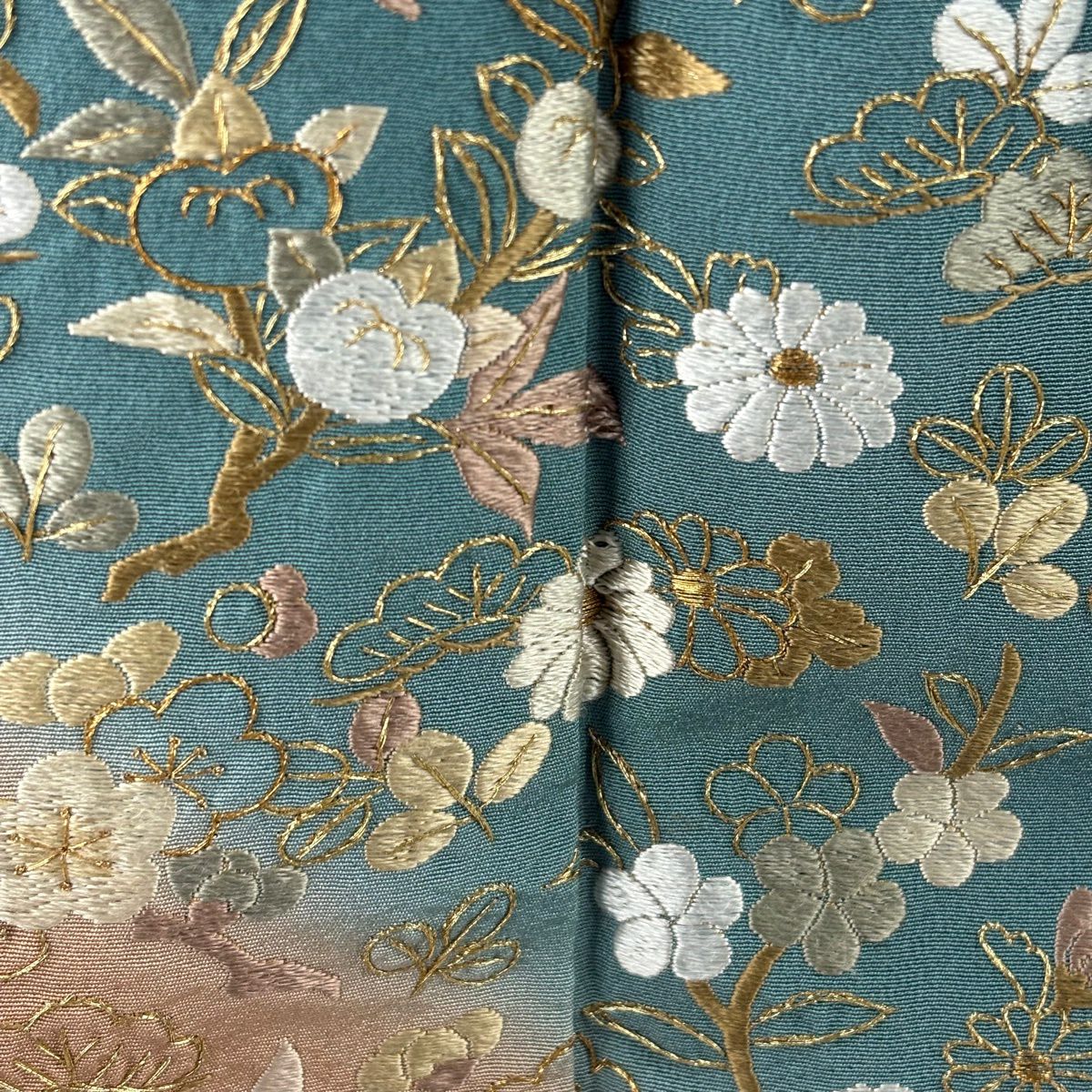 訪問服 身長162cm 袖長66.5cm M 雙層 松樹 梅花 刺繡 金線 青綠 純蠶絲 逸品級