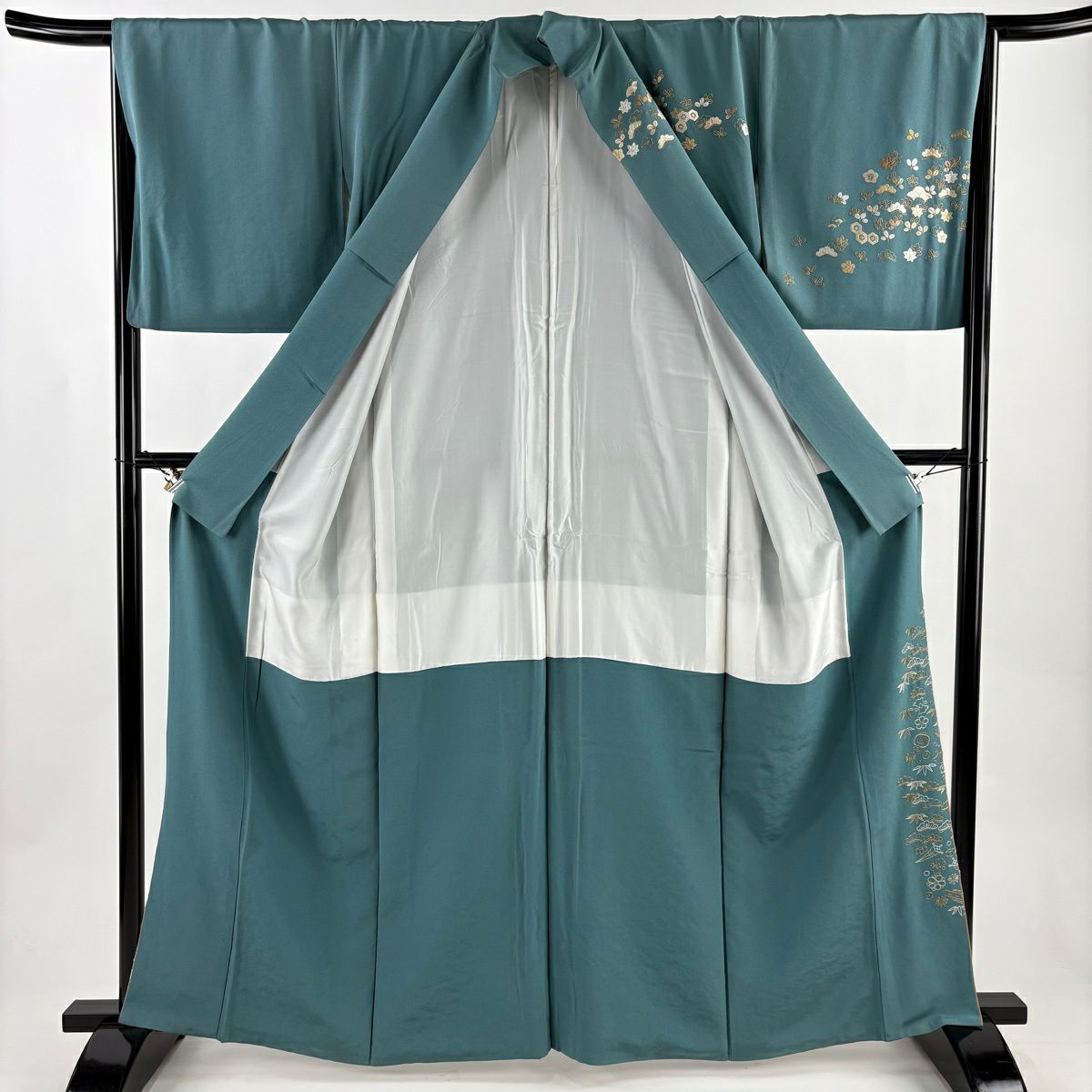 訪問服 身長162cm 袖長66.5cm M 雙層 松樹 梅花 刺繡 金線 青綠 純蠶絲 逸品級