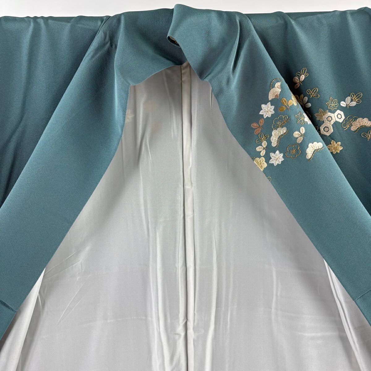訪問服 身長162cm 袖長66.5cm M 雙層 松樹 梅花 刺繡 金線 青綠 純蠶絲 逸品級