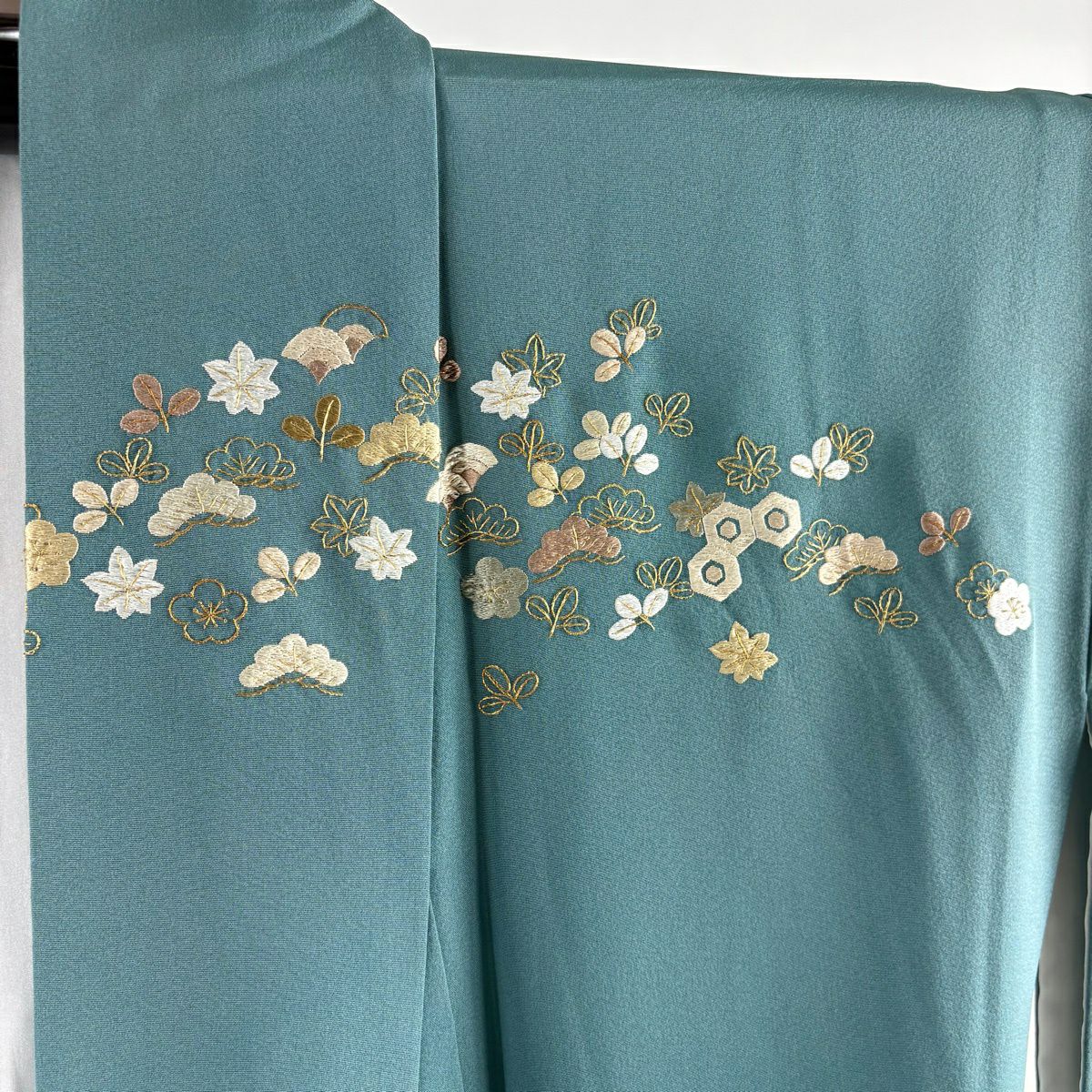 訪問服 身長162cm 袖長66.5cm M 雙層 松樹 梅花 刺繡 金線 青綠 純蠶絲 逸品級