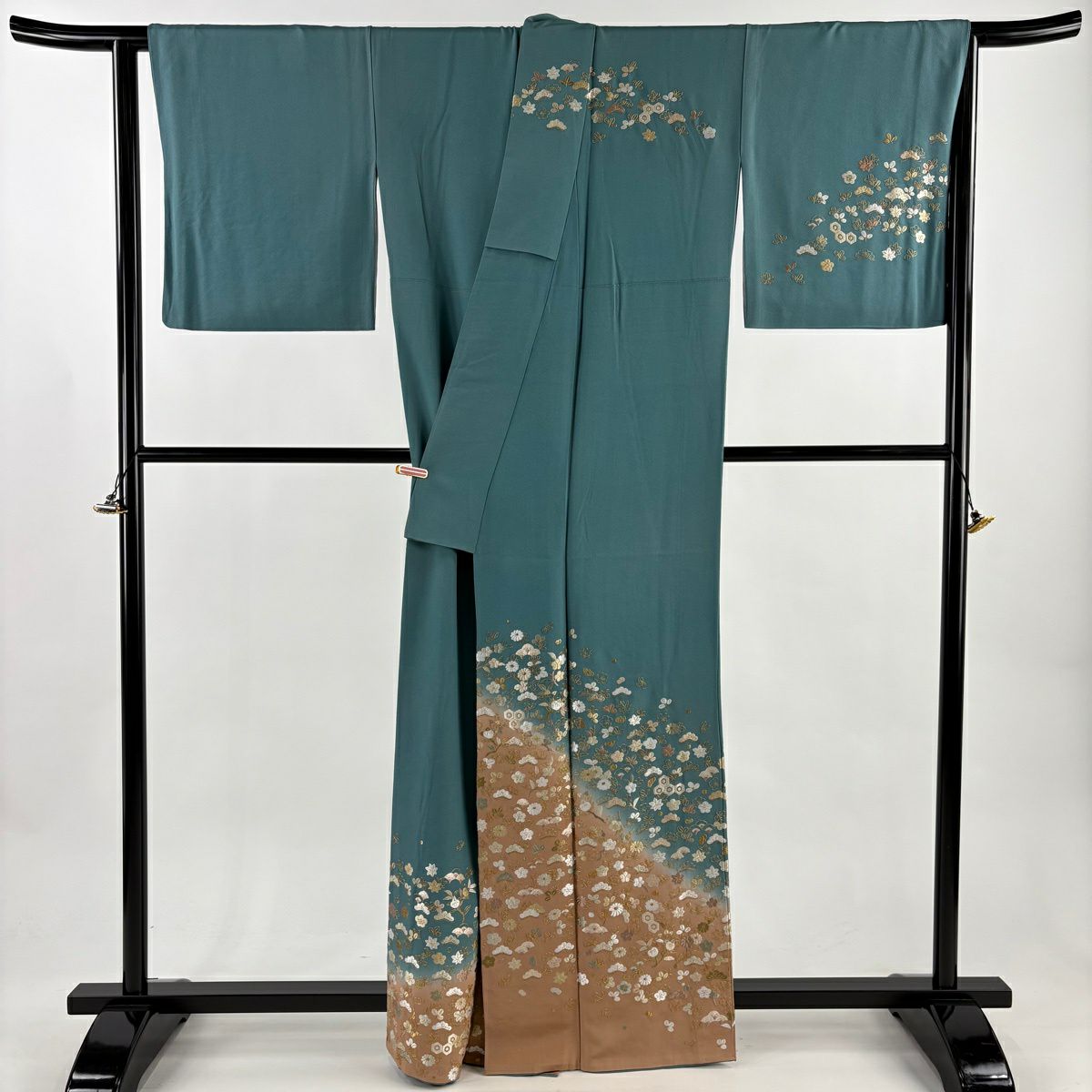 訪問服 身長162cm 袖長66.5cm M 雙層 松樹 梅花 刺繡 金線 青綠 純蠶絲 逸品級