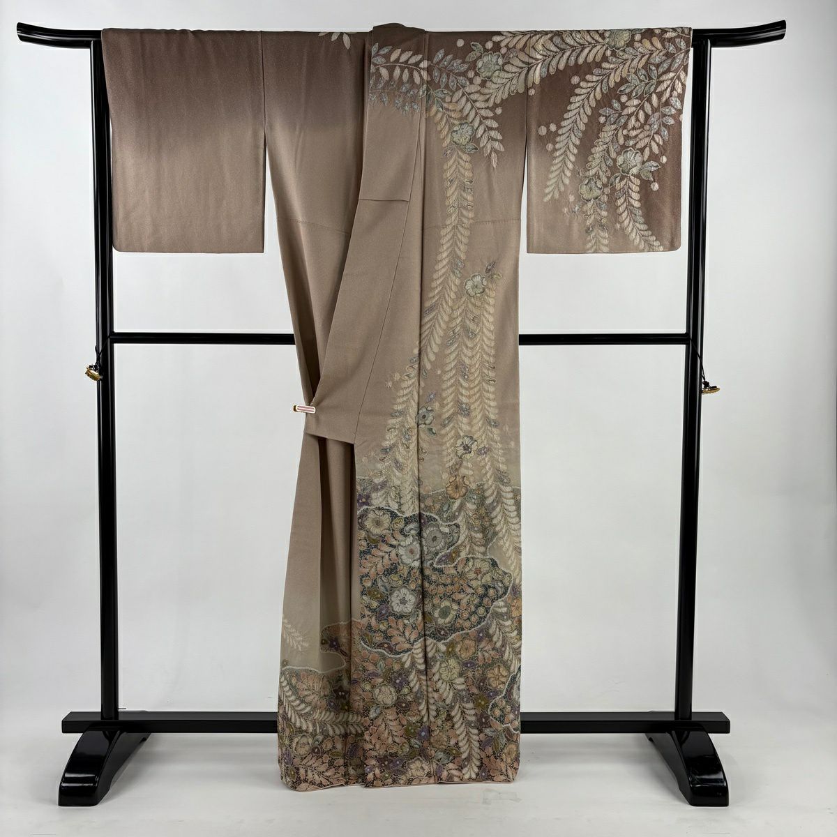 訪問服 身長163cm 袖長67cm M 雙層 吉乃一廉 落款あり 辻花染 銀通し 漸層 薄茶 純蠶絲 逸品級