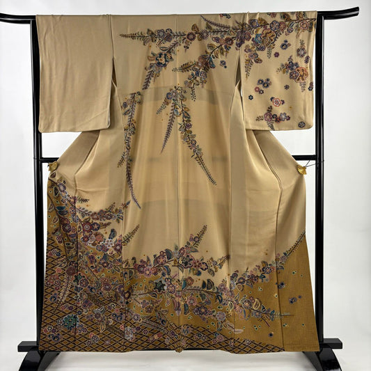 訪問服 身長160.5cm 袖長65cm M 雙層 草花紋紋 刺繡 金金箔 淺茶 純蠶絲 逸品級