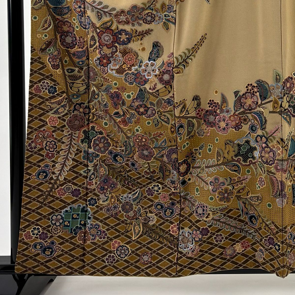訪問服 身長160.5cm 袖長65cm M 雙層 草花紋紋 刺繡 金金箔 淺茶 純蠶絲 逸品級
