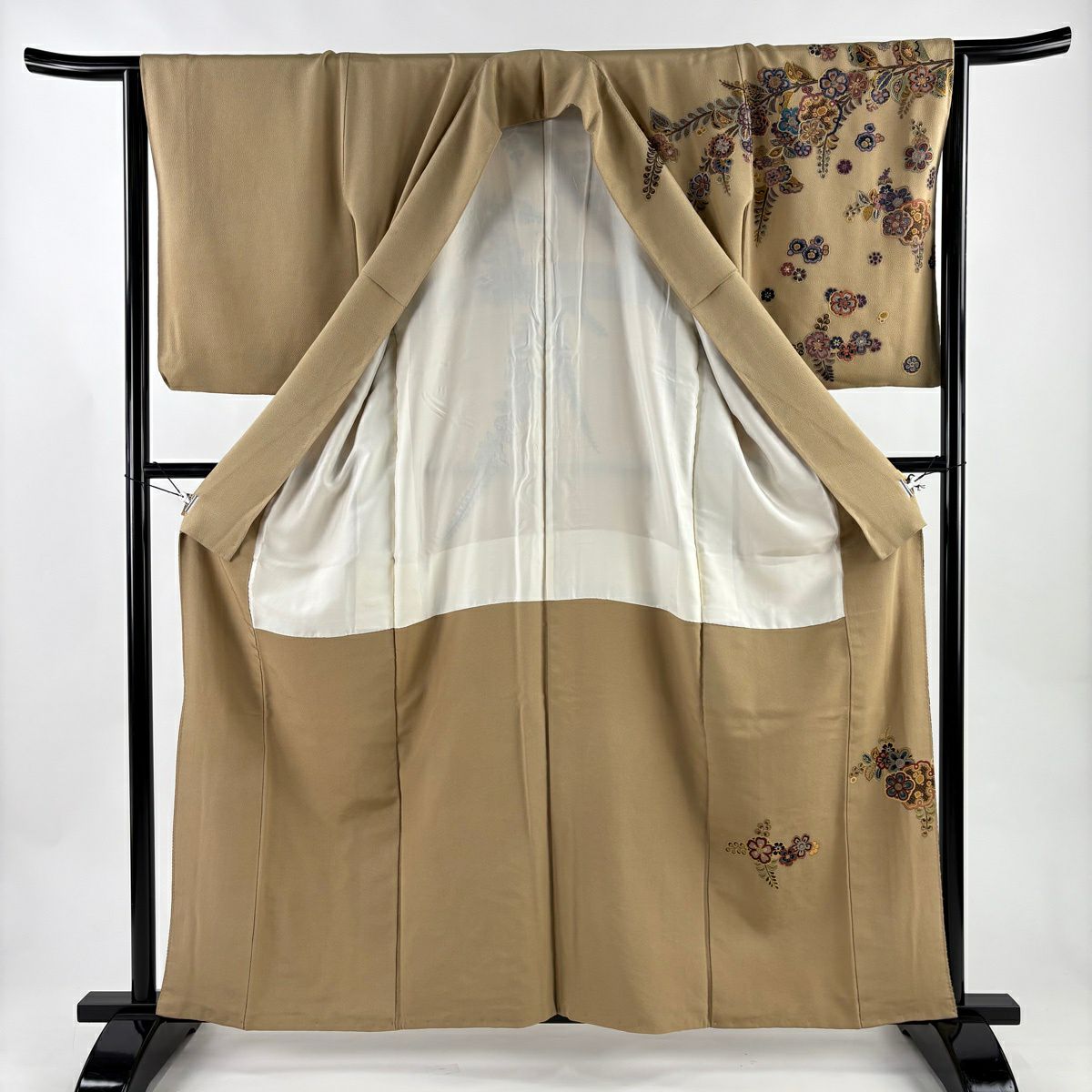 訪問服 身長160.5cm 袖長65cm M 雙層 草花紋紋 刺繡 金金箔 淺茶 純蠶絲 逸品級