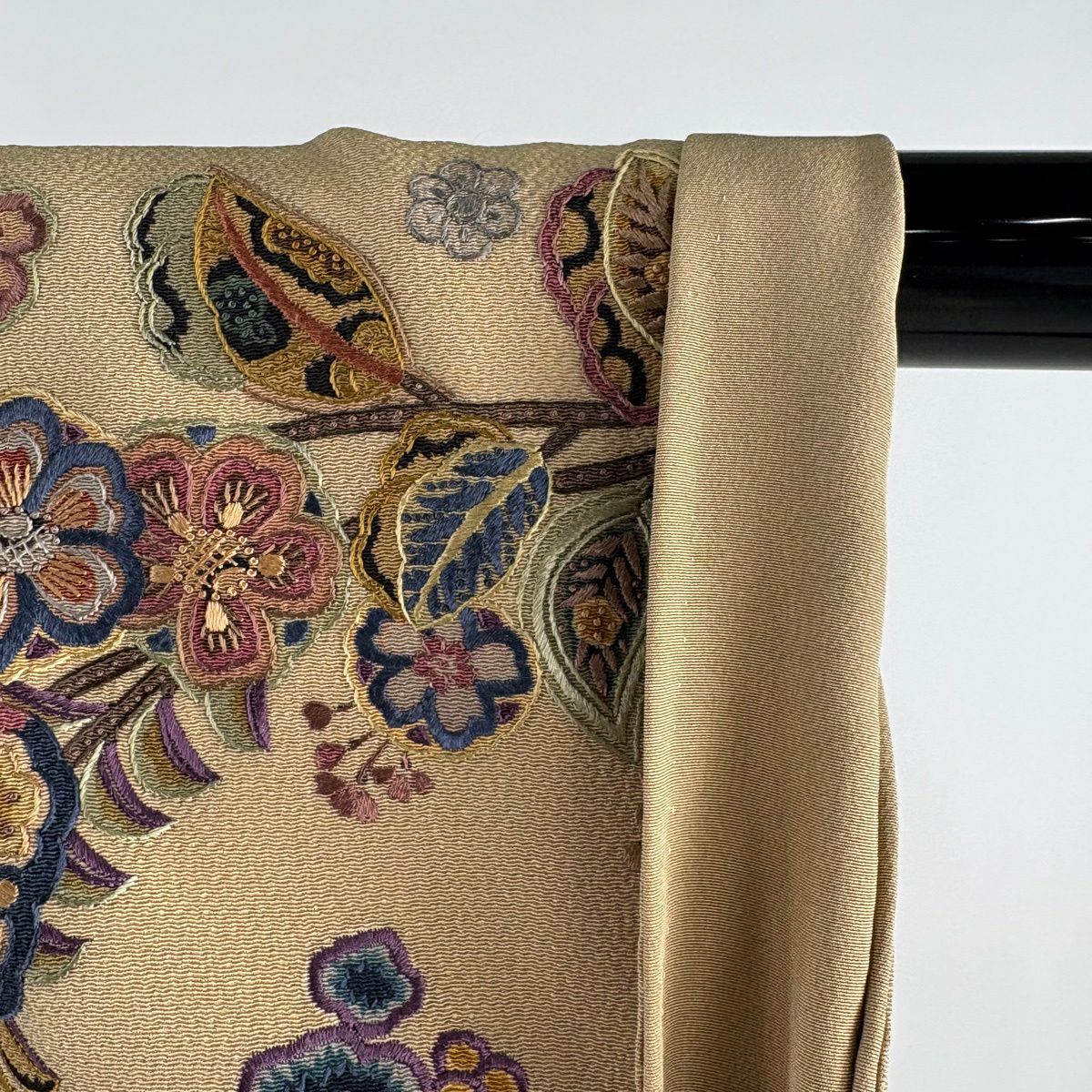 訪問服 身長160.5cm 袖長65cm M 雙層 草花紋紋 刺繡 金金箔 淺茶 純蠶絲 逸品級