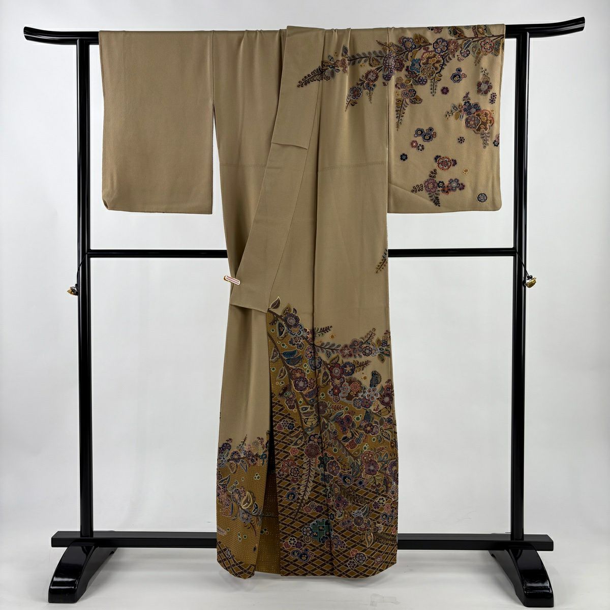 訪問服 身長160.5cm 袖長65cm M 雙層 草花紋紋 刺繡 金金箔 淺茶 純蠶絲 逸品級