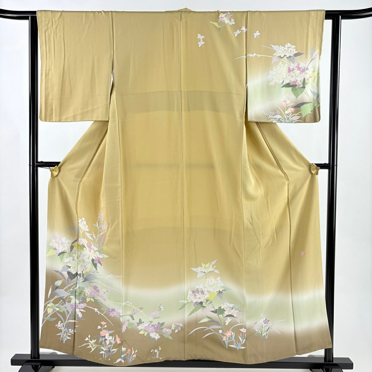 訪問服 身長156cm 袖長62.5cm S 雙層 坂井修 落款あり 草花紋紋 染分 ぼかし 黃土 純蠶絲 逸品級