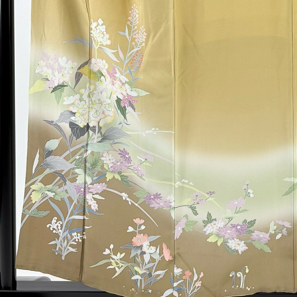 訪問服 身長156cm 袖長62.5cm S 雙層 坂井修 落款あり 草花紋紋 染分 ぼかし 黃土 純蠶絲 逸品級