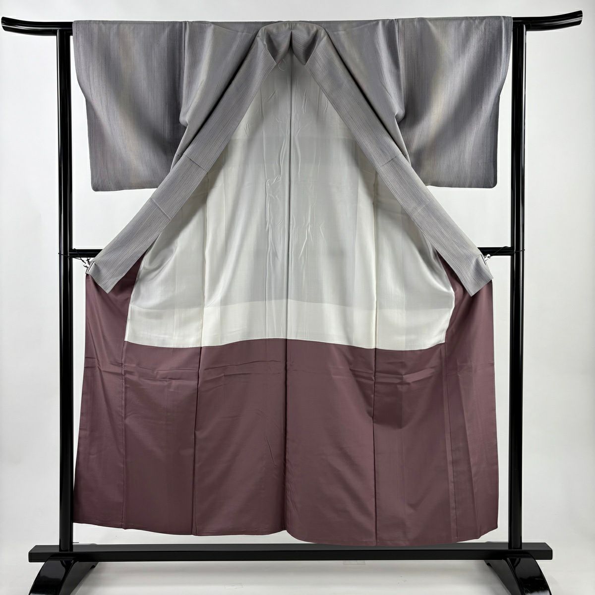 【美品】 紬織 身長155cm 袖長62.5cm S 雙層 紅琉粋 鈴乃屋 縞 縱向漸變 灰紫 純蠶絲 逸品級