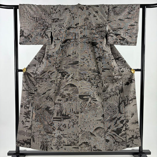 【美品】 大島紬織 身長155cm 袖長62.5cm S 雙層 恵積五郎 琳派 純泥染 證書附 仙鶴 波 焦茶 純蠶絲 逸品級