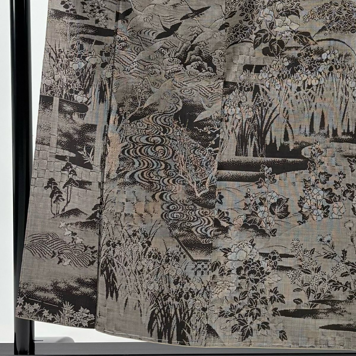 【美品】 大島紬織 身長155cm 袖長62.5cm S 雙層 恵積五郎 琳派 純泥染 證書附 仙鶴 波 焦茶 純蠶絲 逸品級