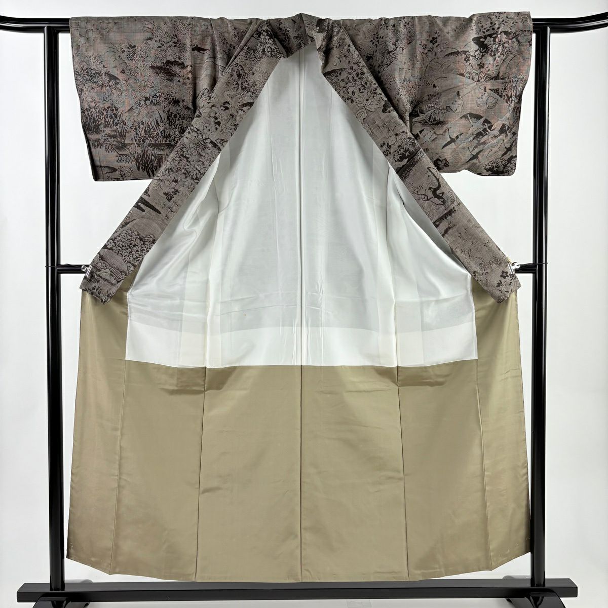 【美品】 大島紬織 身長155cm 袖長62.5cm S 雙層 恵積五郎 琳派 純泥染 證書附 仙鶴 波 焦茶 純蠶絲 逸品級