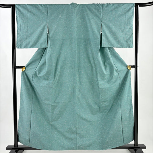 【美品】 小紋 身長159.5cm 袖長64cm M 雙層 牛首紬織織地 落款あり 證書あり 幾何學圖案 綠 純蠶絲 逸品級
