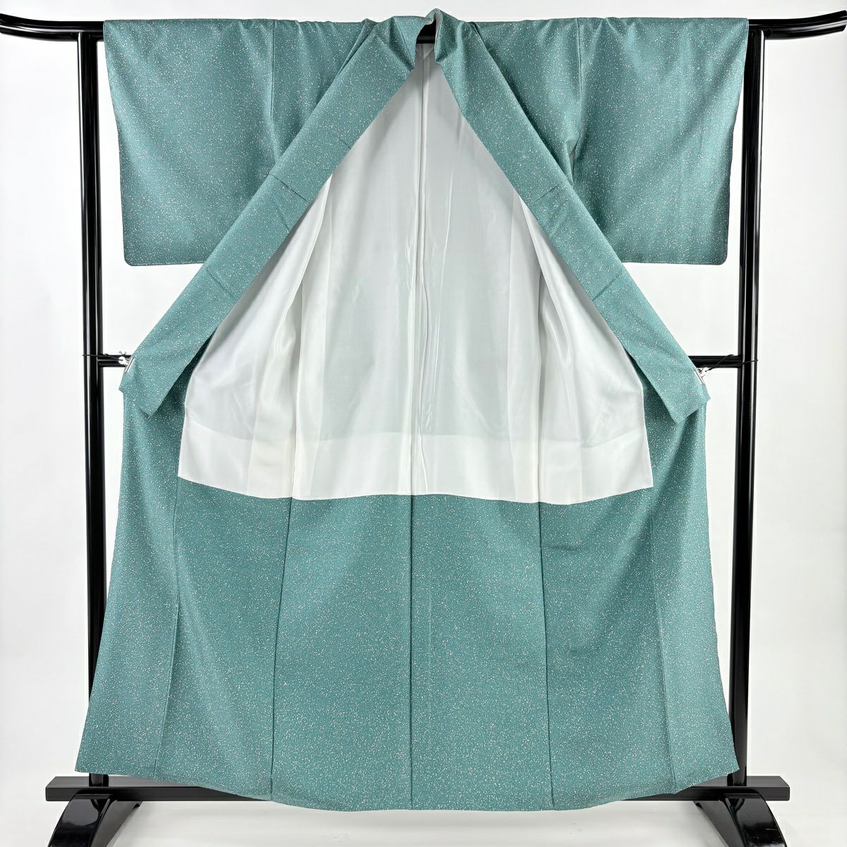 【美品】 小紋 身長159.5cm 袖長64cm M 雙層 牛首紬織織地 落款あり 證書あり 幾何學圖案 綠 純蠶絲 逸品級