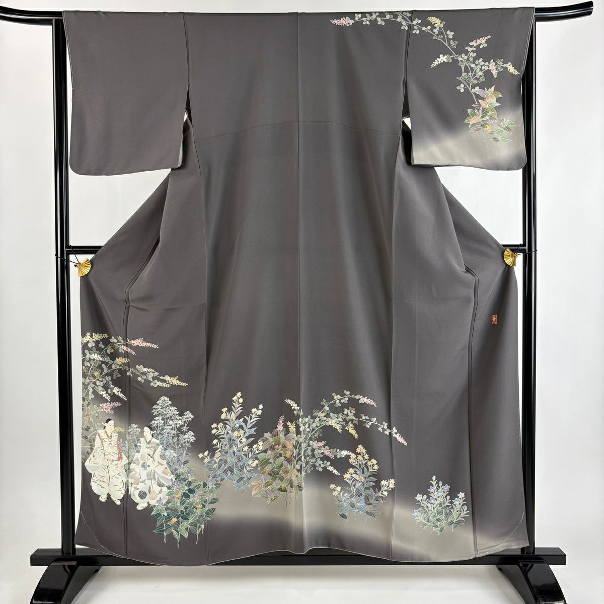 訪問服 身長157.5cm 袖長64.5cm M 雙層 田村哲彦 落款あり 人物 草花紋紋 漸層 灰茶 純蠶絲 逸品級