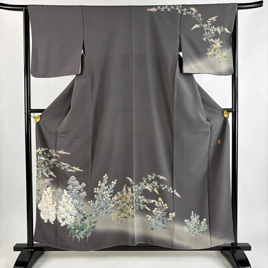 訪問服 身長157.5cm 袖長64.5cm M 雙層 田村哲彦 落款あり 人物 草花紋紋 漸層 灰茶 純蠶絲 逸品級