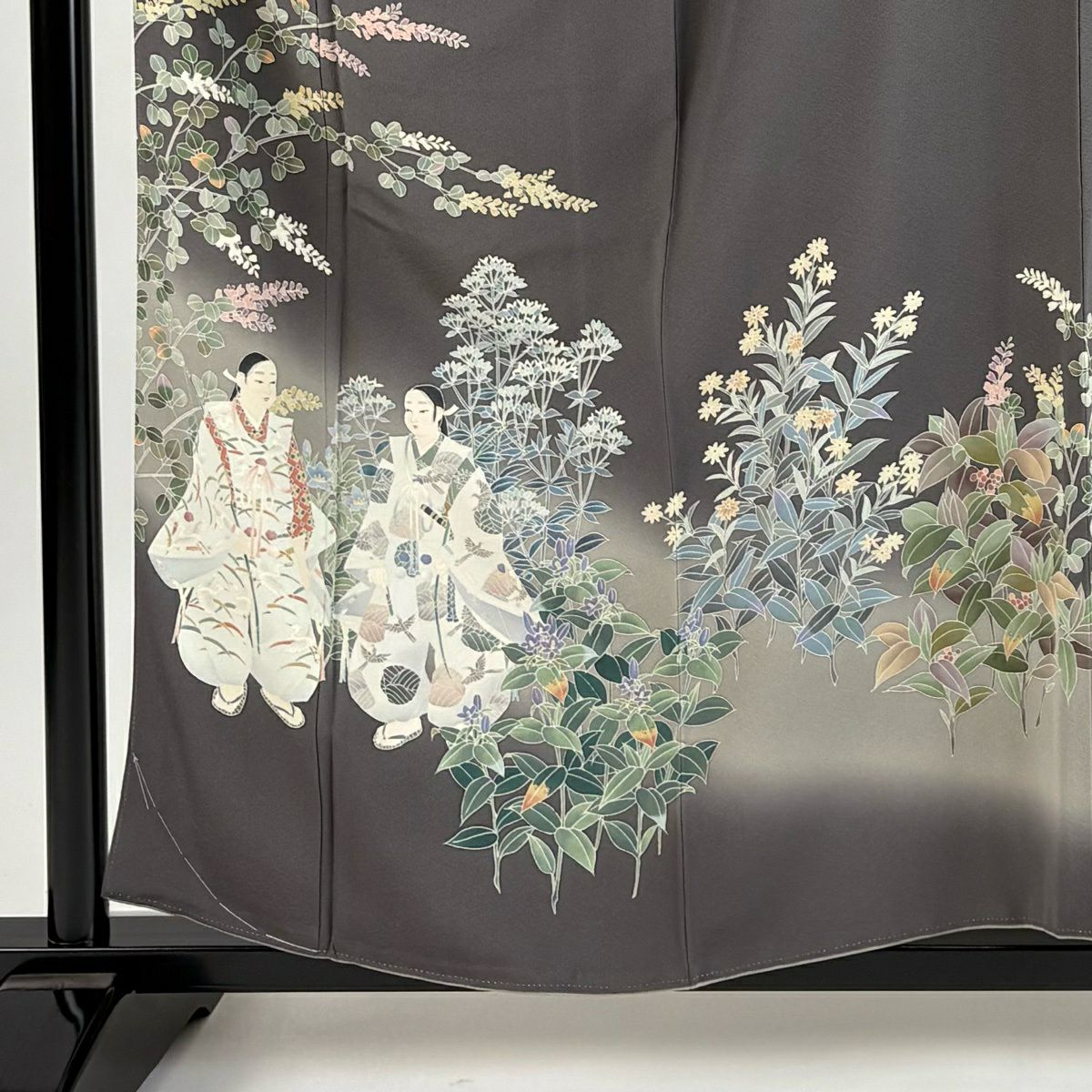 訪問服 身長157.5cm 袖長64.5cm M 雙層 田村哲彦 落款あり 人物 草花紋紋 漸層 灰茶 純蠶絲 逸品級