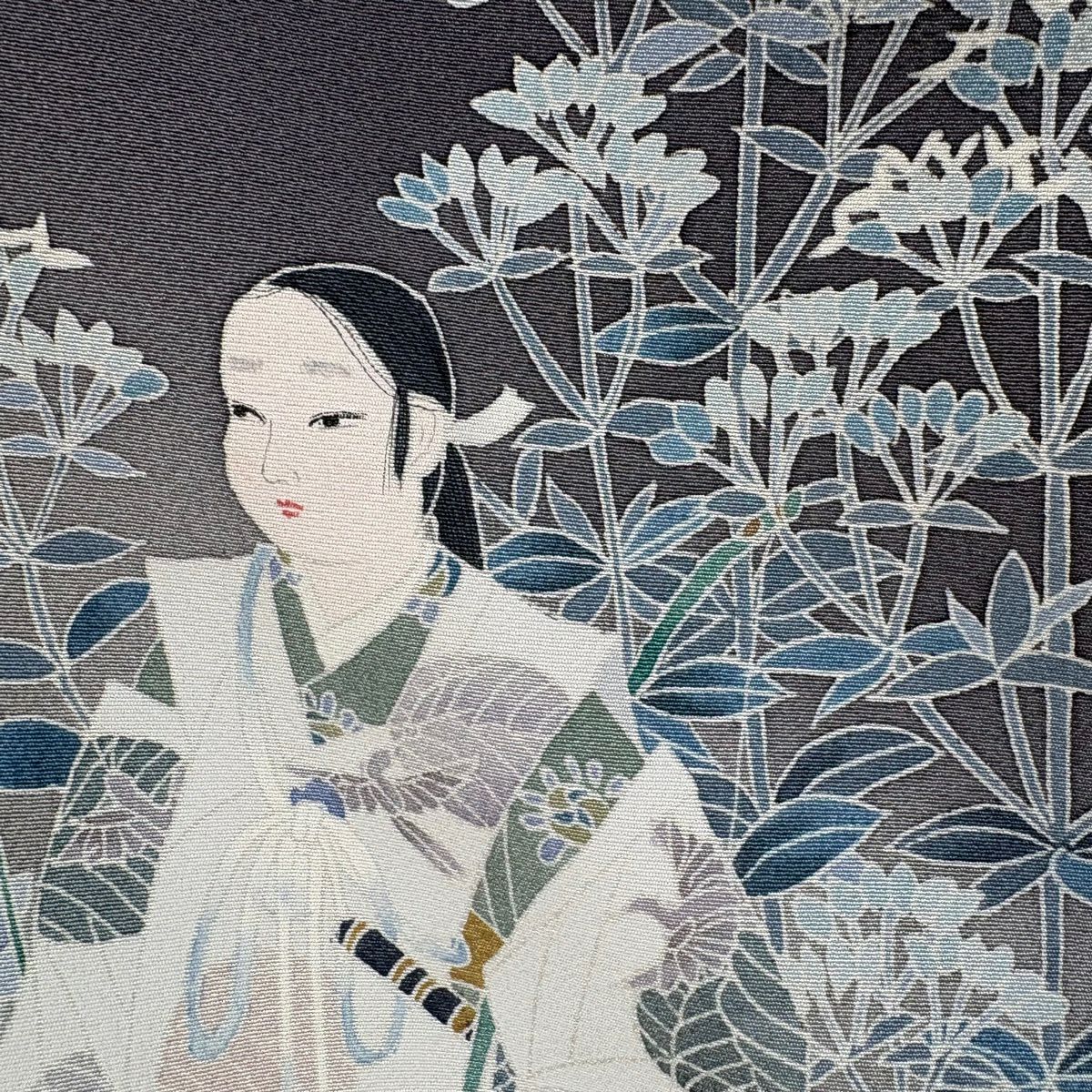 訪問服 身長157.5cm 袖長64.5cm M 雙層 田村哲彦 落款あり 人物 草花紋紋 漸層 灰茶 純蠶絲 逸品級