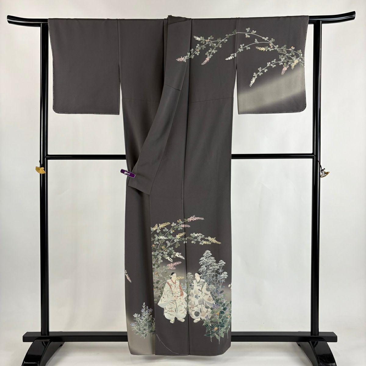 訪問服 身長157.5cm 袖長64.5cm M 雙層 田村哲彦 落款あり 人物 草花紋紋 漸層 灰茶 純蠶絲 逸品級