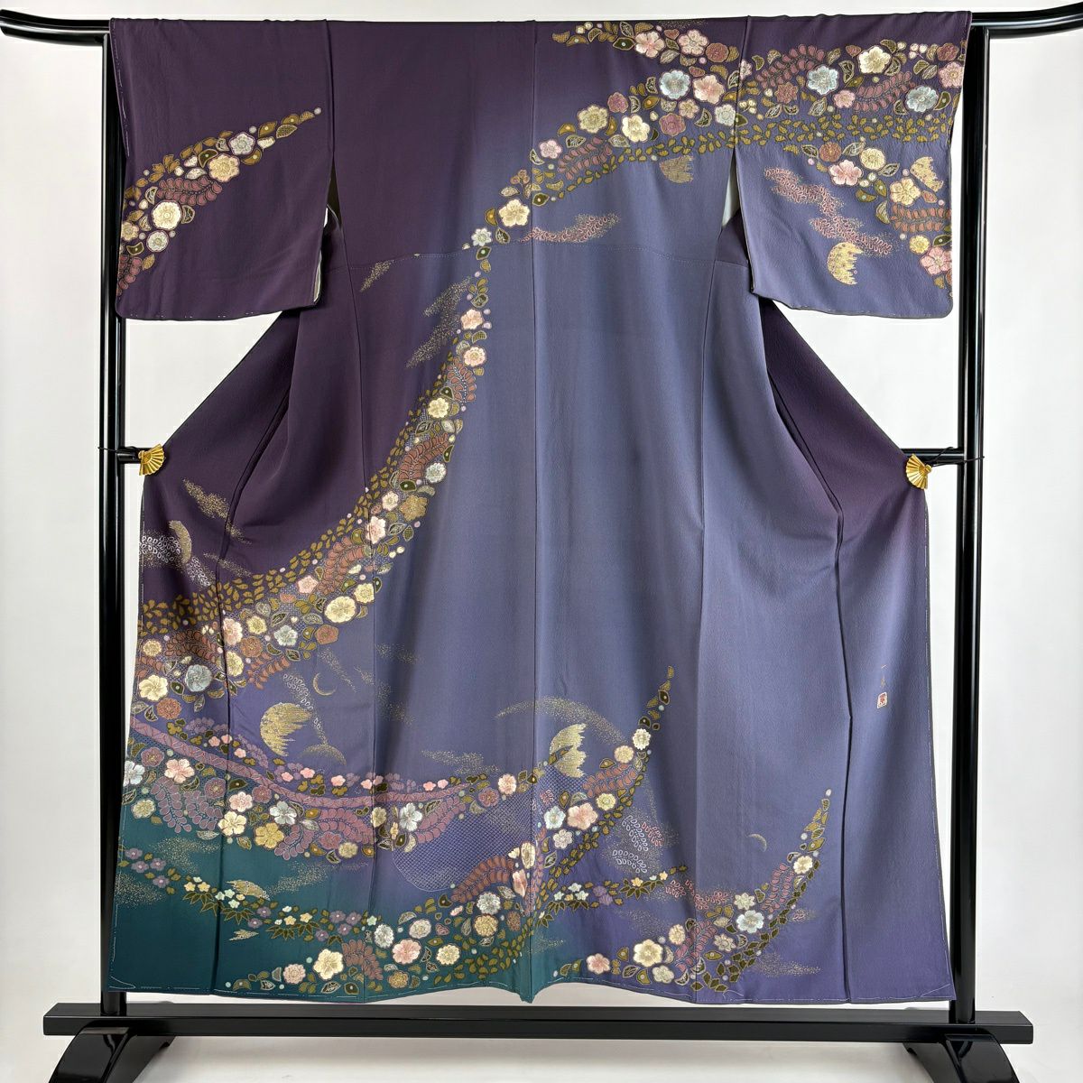 訪問服 身長155cm 袖長64.5cm M 雙層 吉乃一廉 落款あり 辻花染 月 絞染 刺繡 紫 純蠶絲 逸品級
