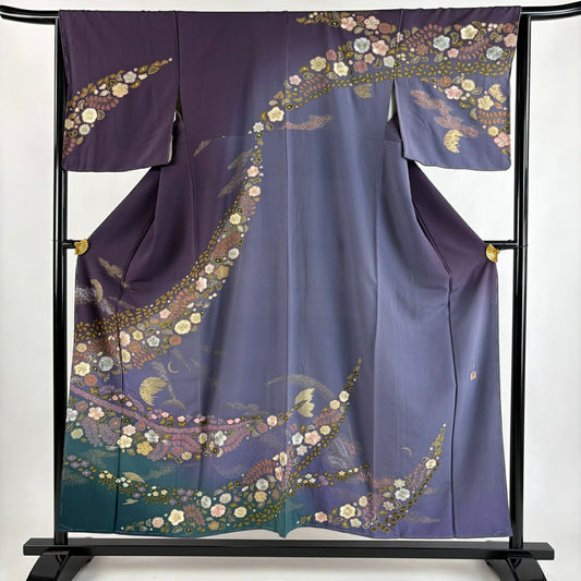 訪問服 身長155cm 袖長64.5cm M 雙層 吉乃一廉 落款あり 辻花染 月 絞染 刺繡 紫 純蠶絲 逸品級
