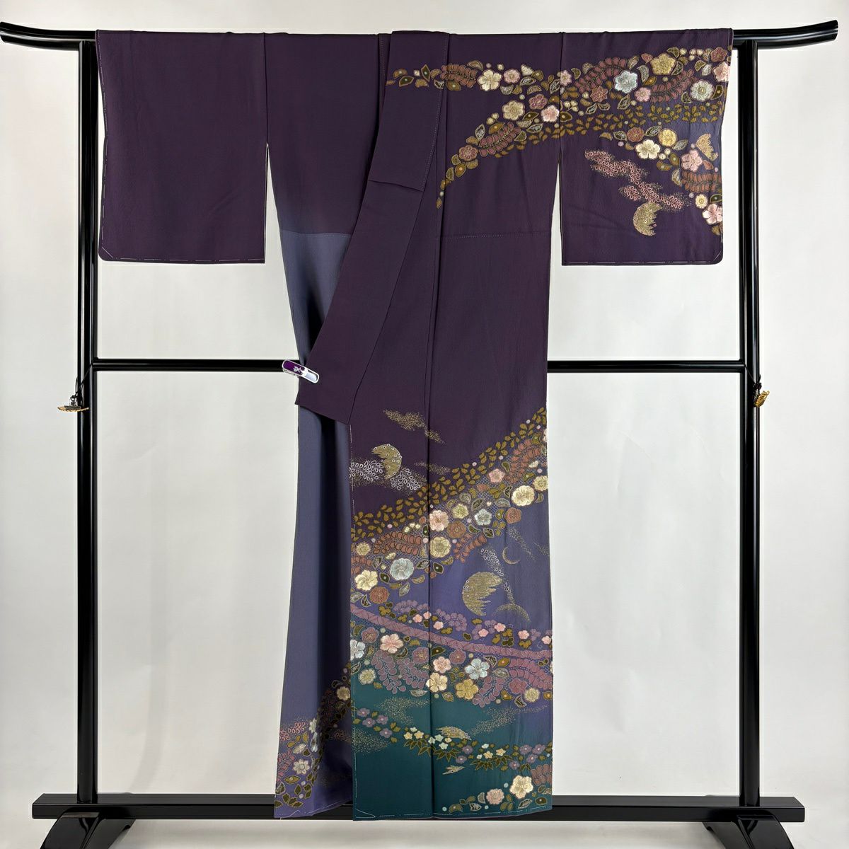 訪問服 身長155cm 袖長64.5cm M 雙層 吉乃一廉 落款あり 辻花染 月 絞染 刺繡 紫 純蠶絲 逸品級