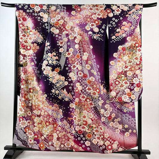 振袖禮服 身長158cm 袖長68.5cm L 雙層 大和 御所車 櫻花 金銀彩 刺繡 紅紫 純蠶絲 逸品級