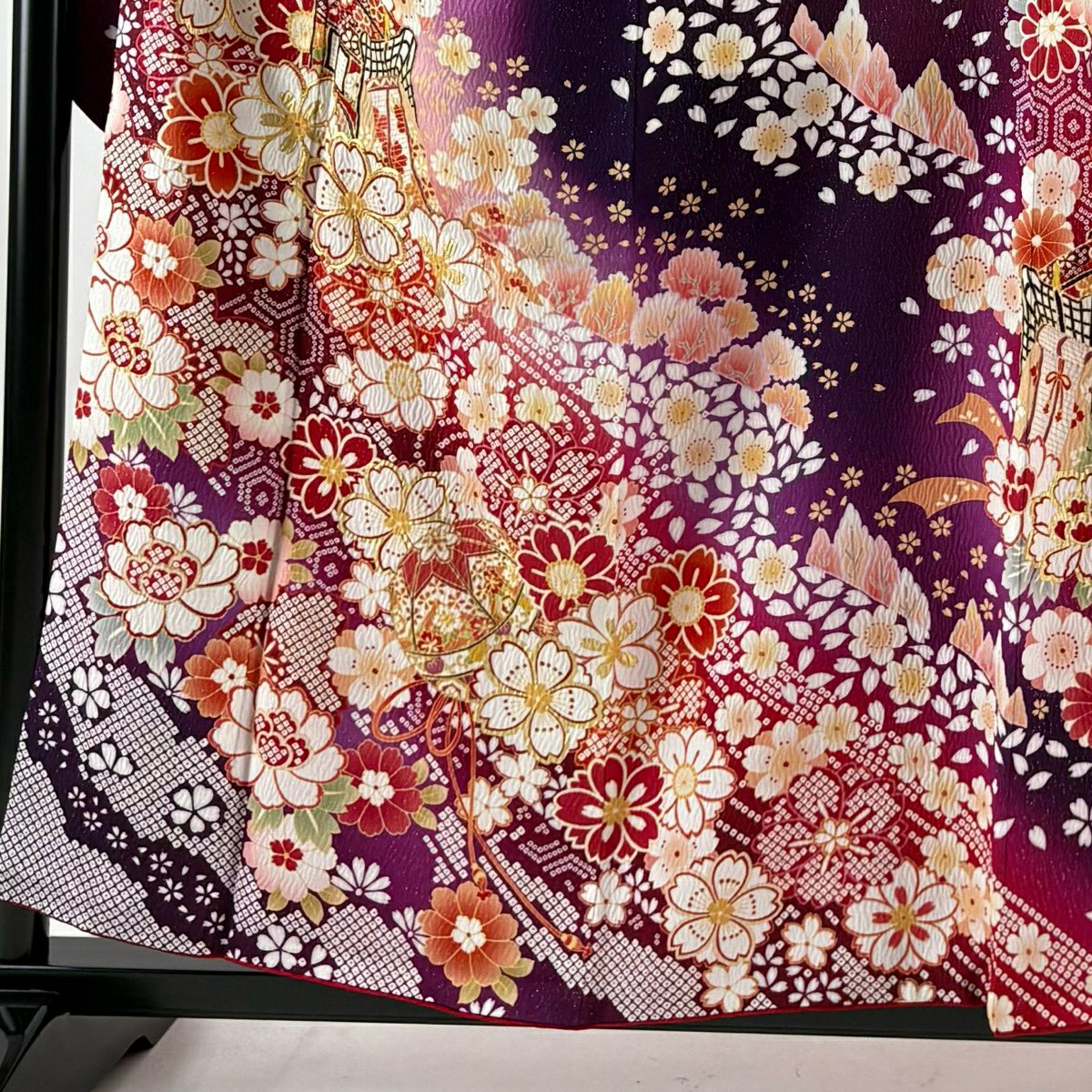 振袖禮服 身長158cm 袖長68.5cm L 雙層 大和 御所車 櫻花 金銀彩 刺繡 紅紫 純蠶絲 逸品級