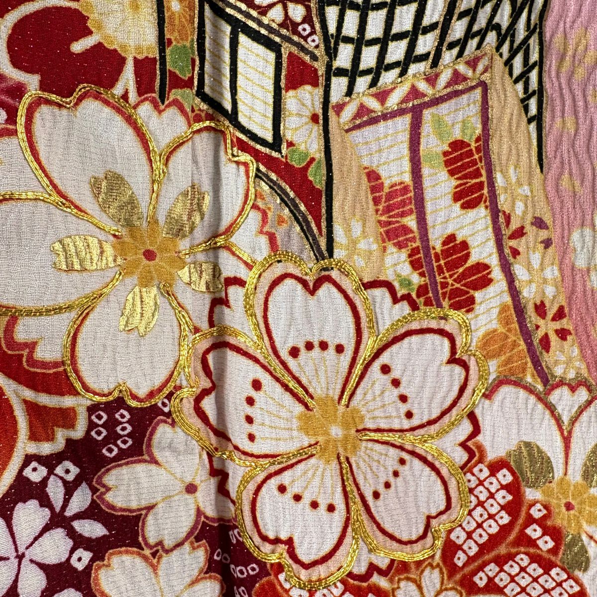 振袖禮服 身長158cm 袖長68.5cm L 雙層 大和 御所車 櫻花 金銀彩 刺繡 紅紫 純蠶絲 逸品級