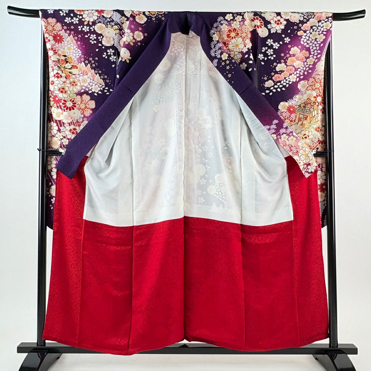 振袖禮服 身長158cm 袖長68.5cm L 雙層 大和 御所車 櫻花 金銀彩 刺繡 紅紫 純蠶絲 逸品級