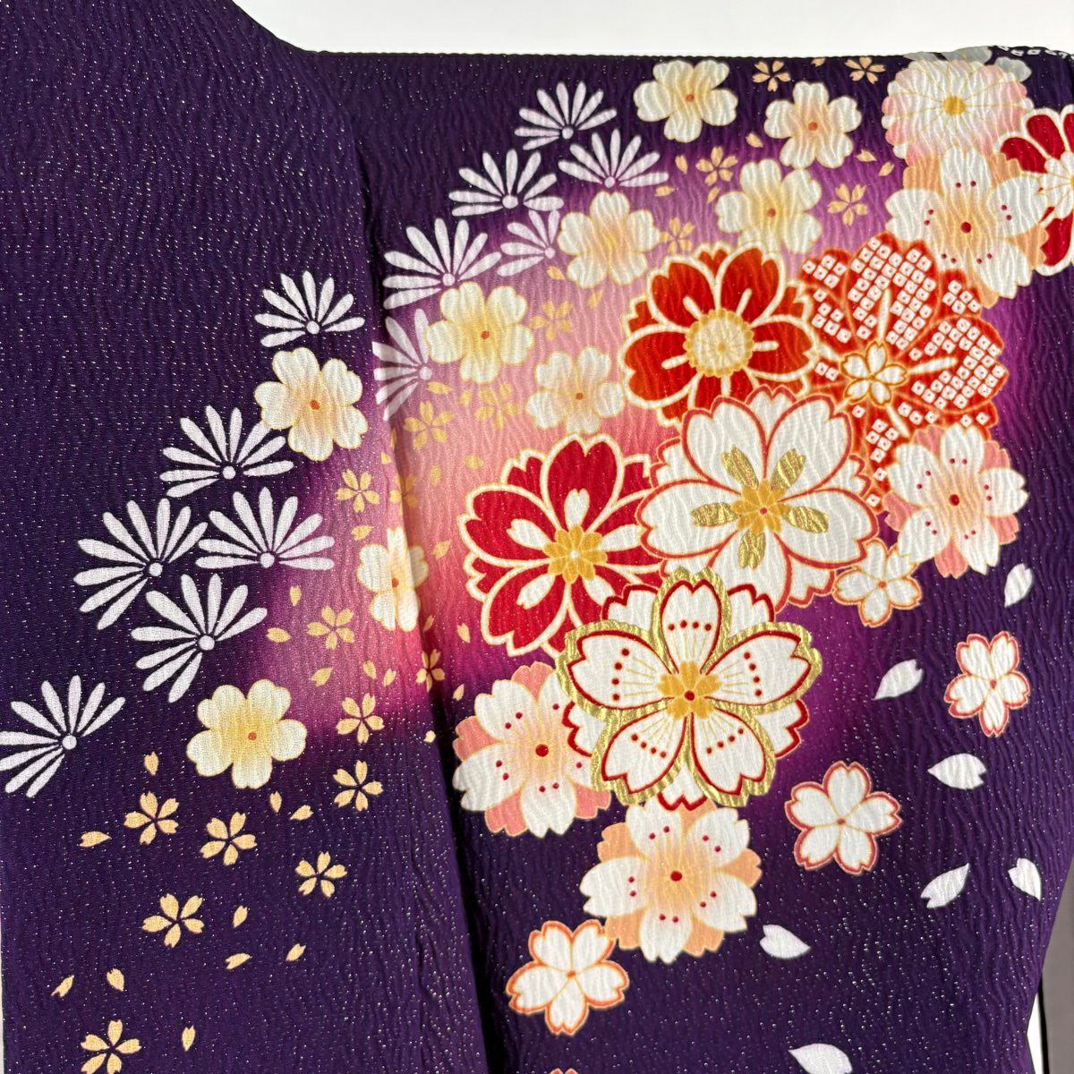 振袖禮服 身長158cm 袖長68.5cm L 雙層 大和 御所車 櫻花 金銀彩 刺繡 紅紫 純蠶絲 逸品級