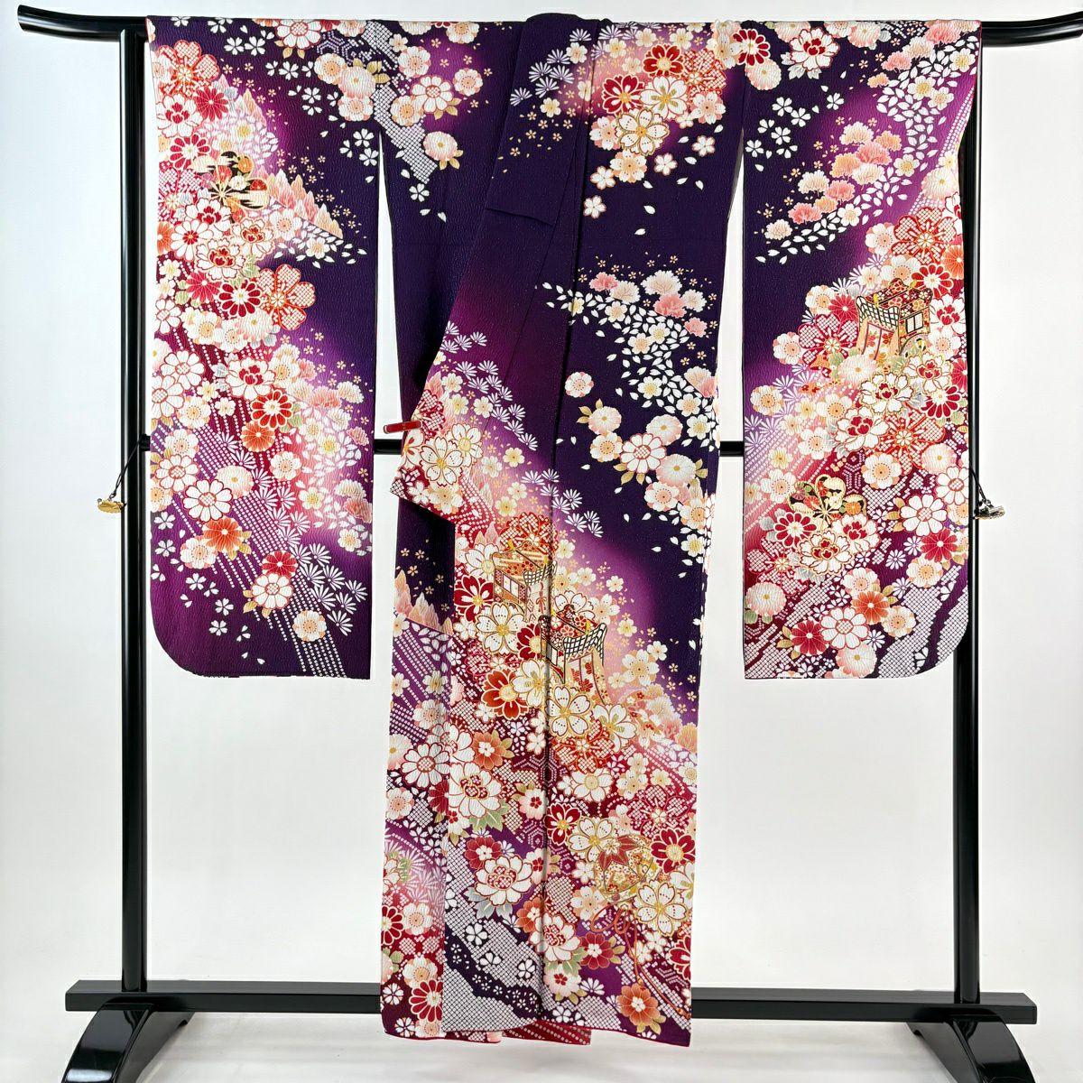 振袖禮服 身長158cm 袖長68.5cm L 雙層 大和 御所車 櫻花 金銀彩 刺繡 紅紫 純蠶絲 逸品級